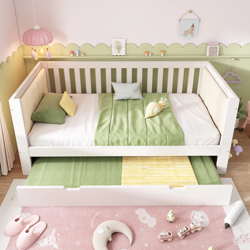 Letto divano con letto estraibile 90 × 200 cm e 90 × 190 cm, senza materasso, in legno massello, bianco