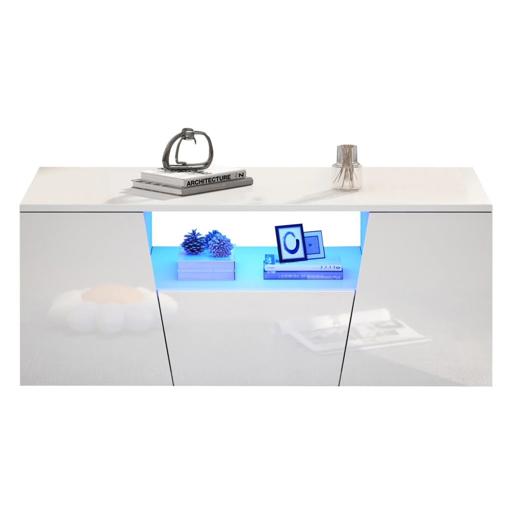 Tavolino da caffè bianco LED 100×50×40 cm con 2 ante e cassetto