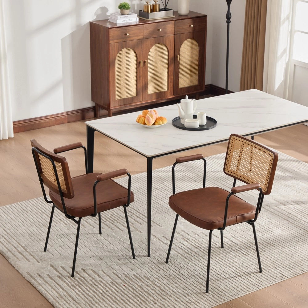 Sedie da Pranzo con Braccioli ¨C MINIMAL ¨C Set 2, Similpelle Vintage, Schienale in Legno Massello e Rattan, Gambe in Metallo, Marrone