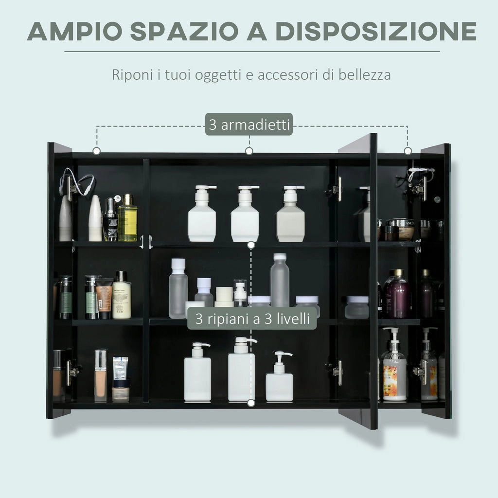 ARMADIETTO CON SPECCHIO A PARETE CON 3 RIPIANI E LUCE LED 90X15X65 CM NERO