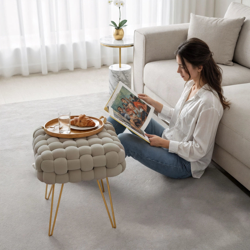 Pouf sgabello in velluto intrecciato 38 cm DOTTY Beige Polvere