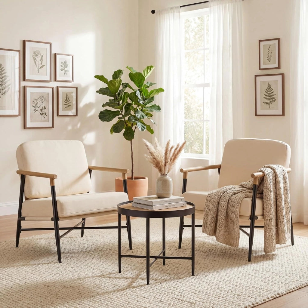 Poltrona Salotto Imbottita, Sedia da Lettura, Relax, Poltroncina con Braccioli, Schienale e Cuscini, per Soggiorno, Camera da Letto, Sala Attesa, Moderno e Comodo, 67 X 73 X 88 CM (Beige)