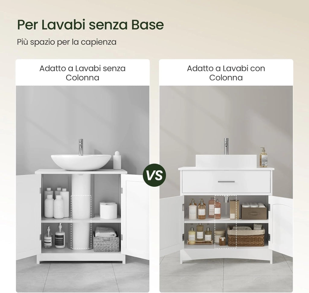 Mobiletto da bagno, mobiletto per vanità, mobiletto da bagno bianco con cassetti, ripiano regolabile, mobiletto per lavabo in piedi, MDF, 60x30x60 cm