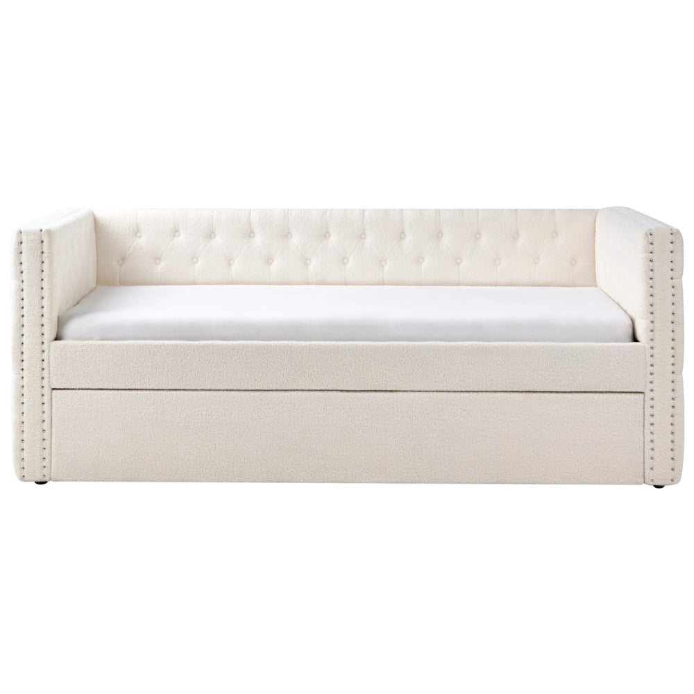 Letto da Giorno Estraibile 90 x 200 cm in tessuto bouclè bianco sporco con Rete a Doghe e Bottoni Rifiniture Glam