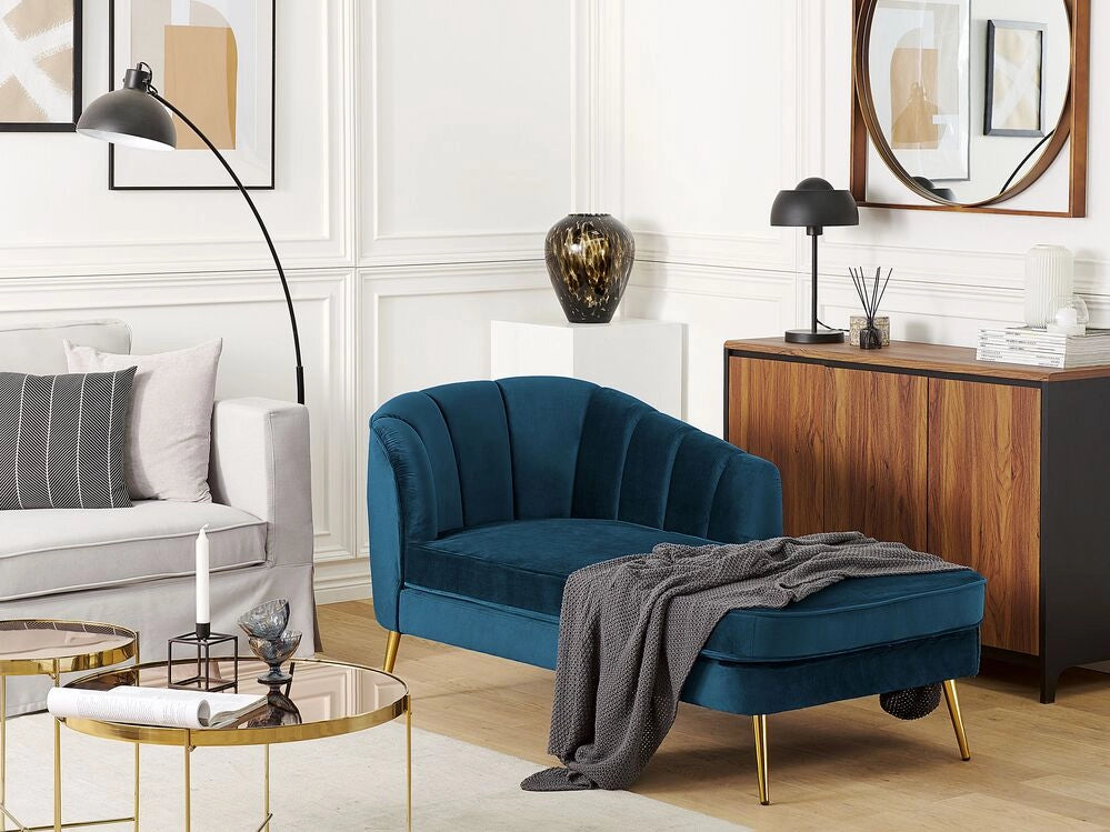 Chaise longue Velluto Blu Marino Rivestimento Gambe In Metallo dorato versione sinistra