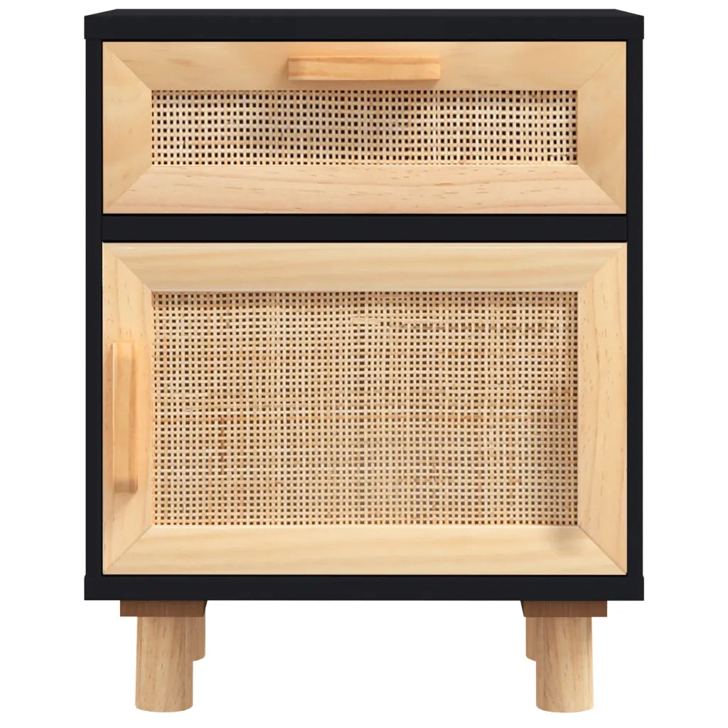 Set di 2 Comodini | Armadio da Notte | Mobiletto da notte Neri in Legno Massello di Pino e Rattan Naturale