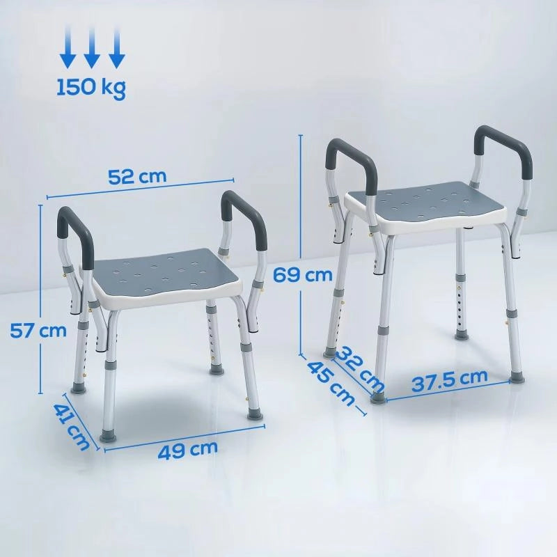 SGABELLO PER DOCCIA REGOLABILE CON BRACCIOLI E FORI DI DRENAGGIO, IN ALLUMINIO, HDPE E EVA, 52X45X57-69 CM