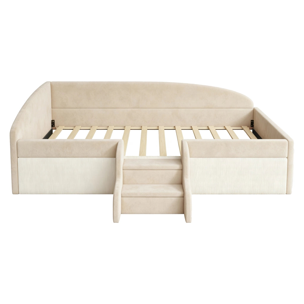 Letto per bambini 90 × 190 cm con scalini antiscivolo, sponde di sicurezza, senza materasso, beige