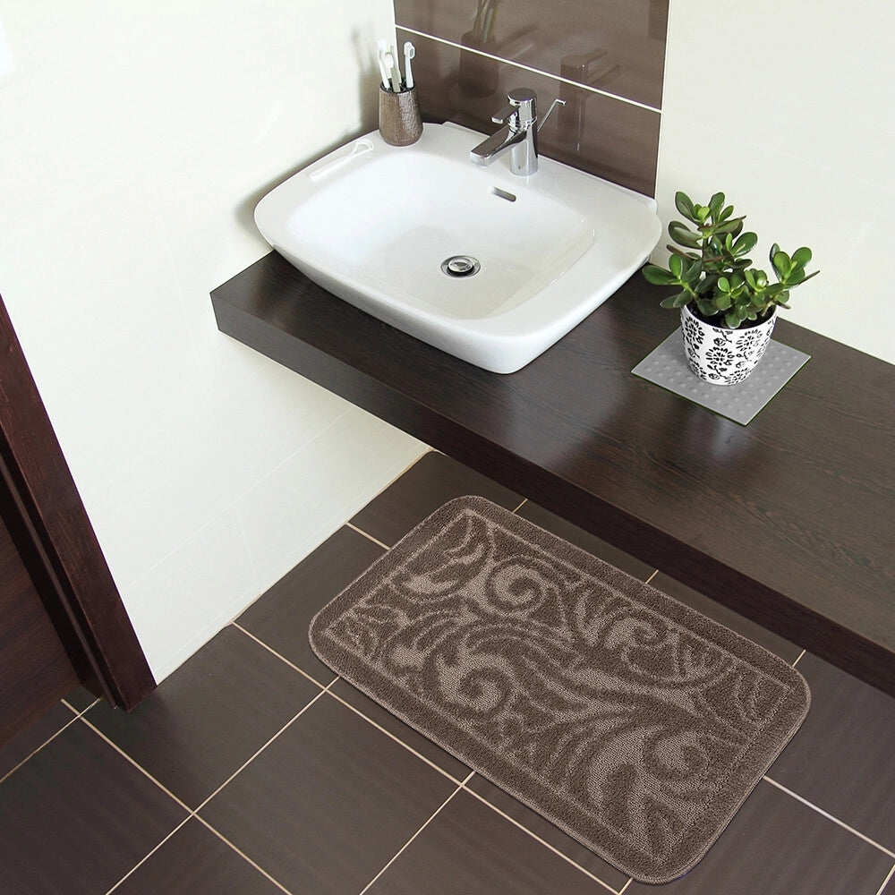 Tappeto Bagno Damascato Scendiletto Camera 50x80 Cm Morbido Assorbente Antiscivolo Marrone