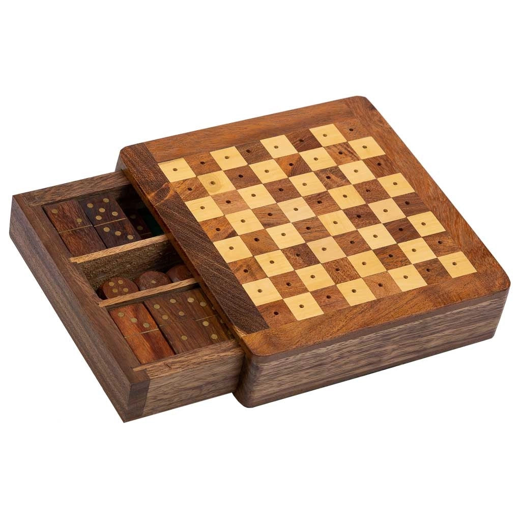 Gioco 3/11 (scacchi+domino+dadi) in scatola, legno marrone 15,5x16x3