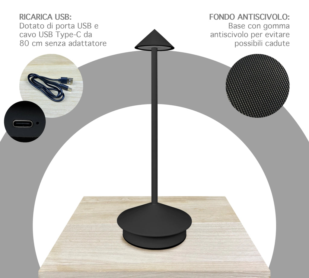 Coppia Di Lampada Da Tavolo LED Set 2 Pezzi Design Moderno Senza Fili Ricaricabile Controllo Touch Selezione Colore Intensità Dimmerabile Altezza Regolabile Con Adattatore Per Bottiglia 3000/4500/600K  2Pz-Arrow-Nero