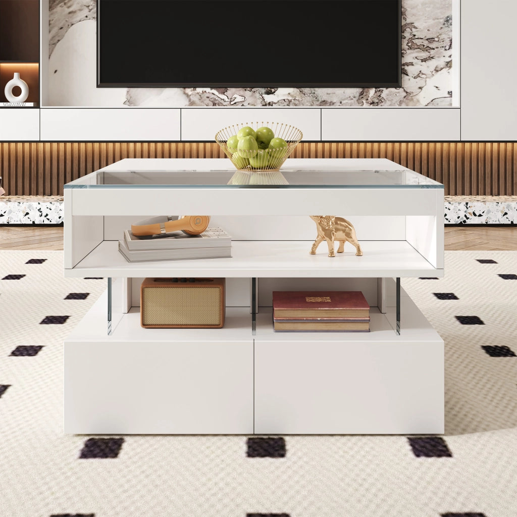 Tavolino da salotto alzabile con cassetti e vani; LED a 16 colori; piano in vetro; bianco