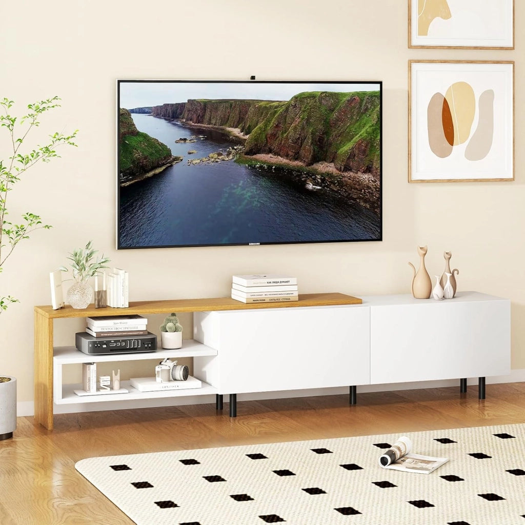 Mobile TV Lowboard TV Board con 2 ripiani aperti e 2 armadi con ante per TV fino a 80 pollici, TV comò 181 cm di lunghezza, TV Lowboard in legno con gambe in metallo