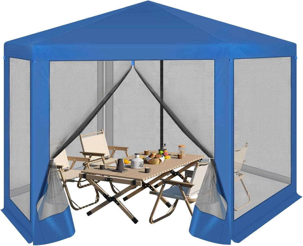 Gazebo da Esterni, Pergolato da Giardino, Gazebo Pieghevole e Impermeabile, con Pareti Laterali a Zanzariera, Esagonale, per Campeggio, Feste, 3,8x3,3m, Blu