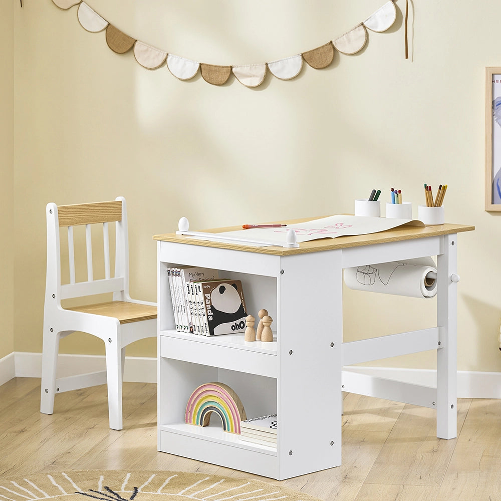 SoBuy Tavolino Bambini con 1 Sedia, Set Tavolo e Sedie per Bambini Multiattività con 2 Ripiani, Tavolo Disegno e Gioco, Sedia Scrivania Cameretta Bianco e Naturale 80x50x66cm KMB60-WN