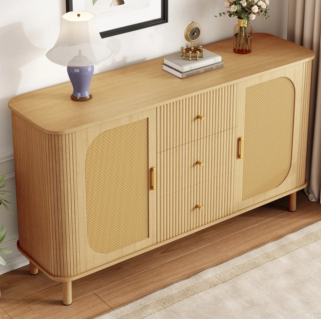 Credenza moderna 140 cm con ante in rattan e cassetti