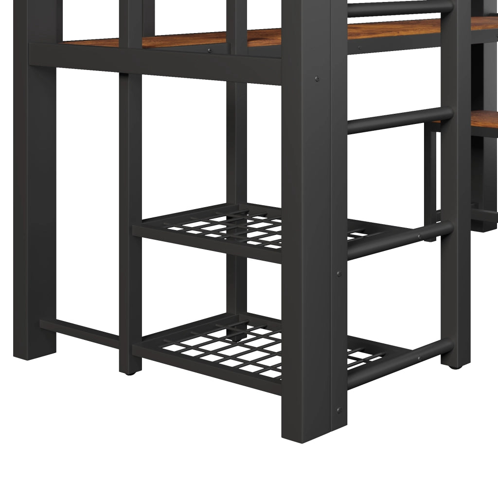 LETTO a soppalco 90x200 cm in metallo nero con LED, scrivania e ripiani