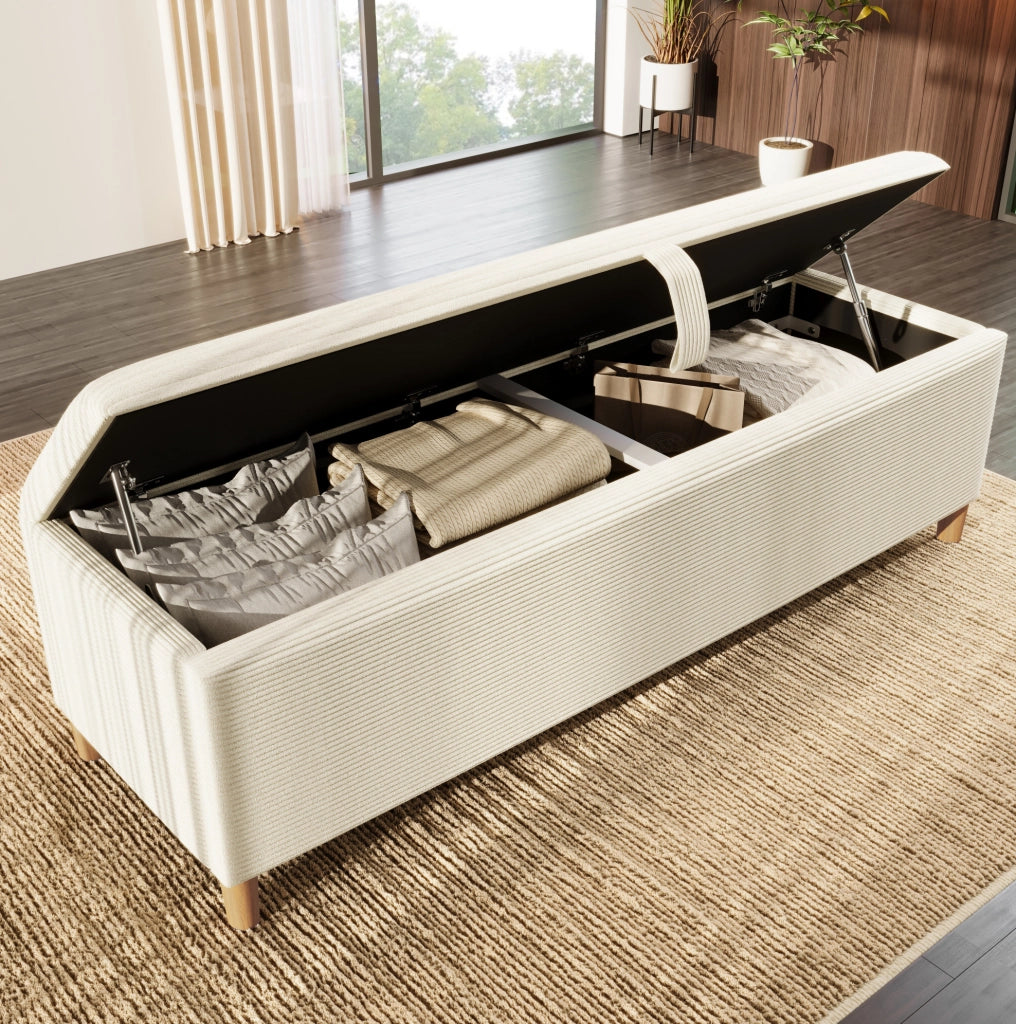 Letto 160x200 cm con LED e contenitore in legno e velluto a coste beige