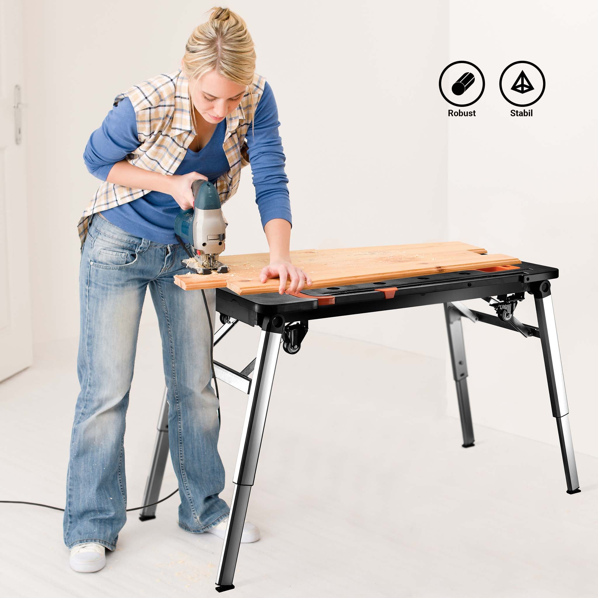 Banco da lavoro pieghevole 7 in 1, multiuso, cavalletto, impalcatura, carrello sotto auto, carrello a mano, con ruote, 108,5 x 55 x 52 cm