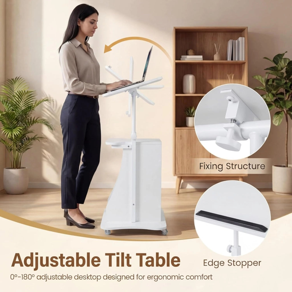 KOMFOTTEU Tavolino da Laptop Regolabile in Altezza 72-112cm con Ruote Universali, Piano Reclinabile, Ripiano Aperto e 2 Vani Portaoggetti, Scrivania per Computer Porta PC per Aula, Ufficio