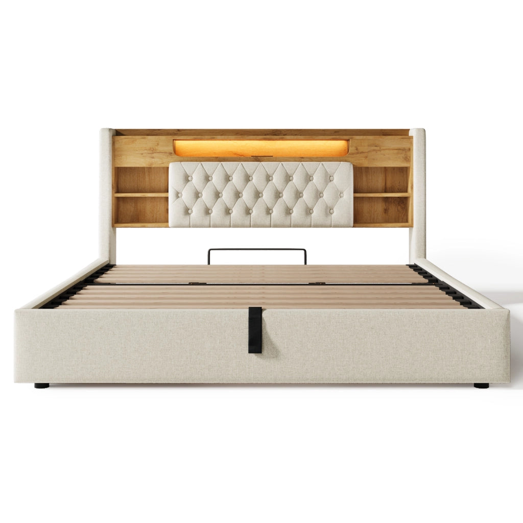 Letto Imbottito Contenitore 180x200 con LED e USB ¨C MINIMAL ¨C Beige, Tessuto Lino, Idraulico