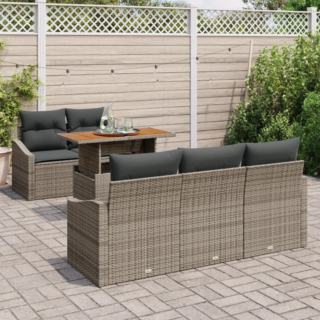 Set pranzo giardino 6 pezzi con cuscini grigio polyrattan acacia