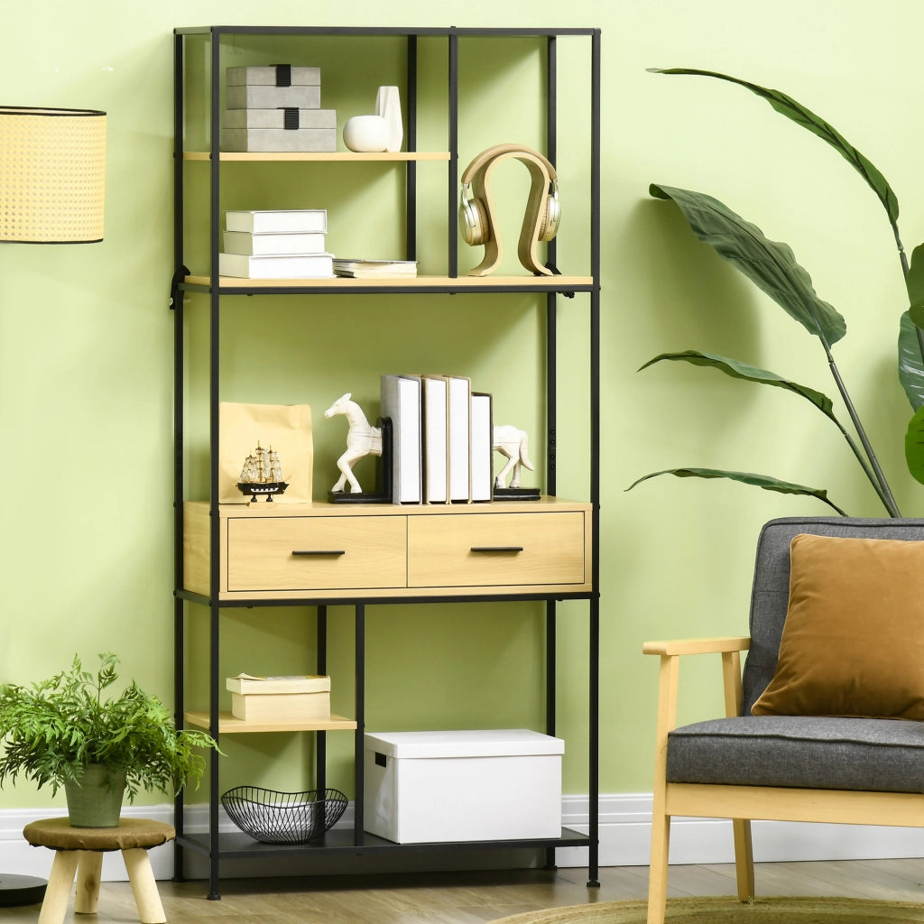 Libreria Scaffale 5 Livelli con 2 Cassetti in Metallo ¨C zephmum ¨C Rovere 80x30x170,5 cm