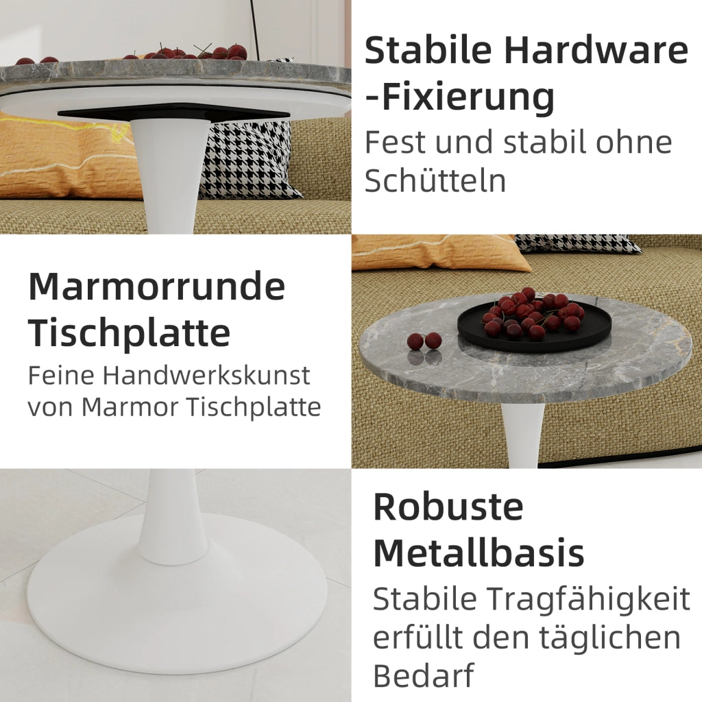 Tavolo da pranzo - rotondo 70 cm - stile mid-century - marmo grigio scuro - per 2-4 persone - bianco