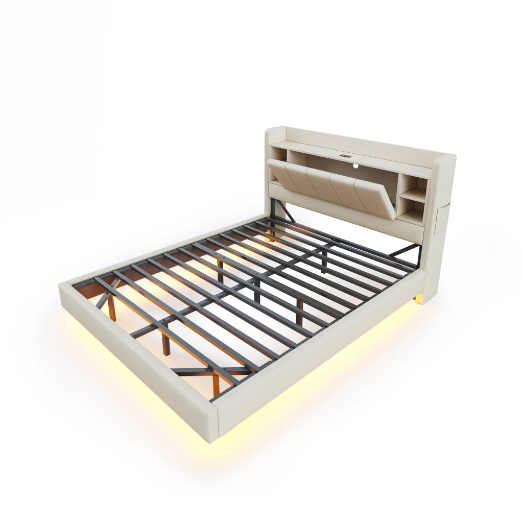 Letto Contenitore 160x200 cm; Matrimoniale; USB; LED; Ripiani in Tessuto Beige