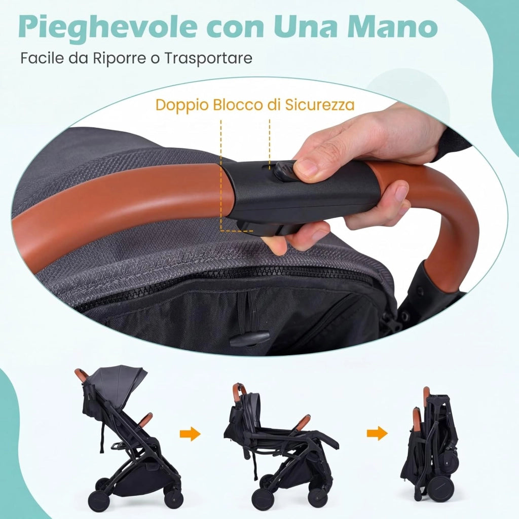 Passeggino Leggero per Neonati con Tettuccio, Schienale e Poggiapiedi Reclinabili, Passeggino Pieghevole con Portabicchieri, Cestello Portaoggetti, per Bambini 0-3 Anni (Grigio)
