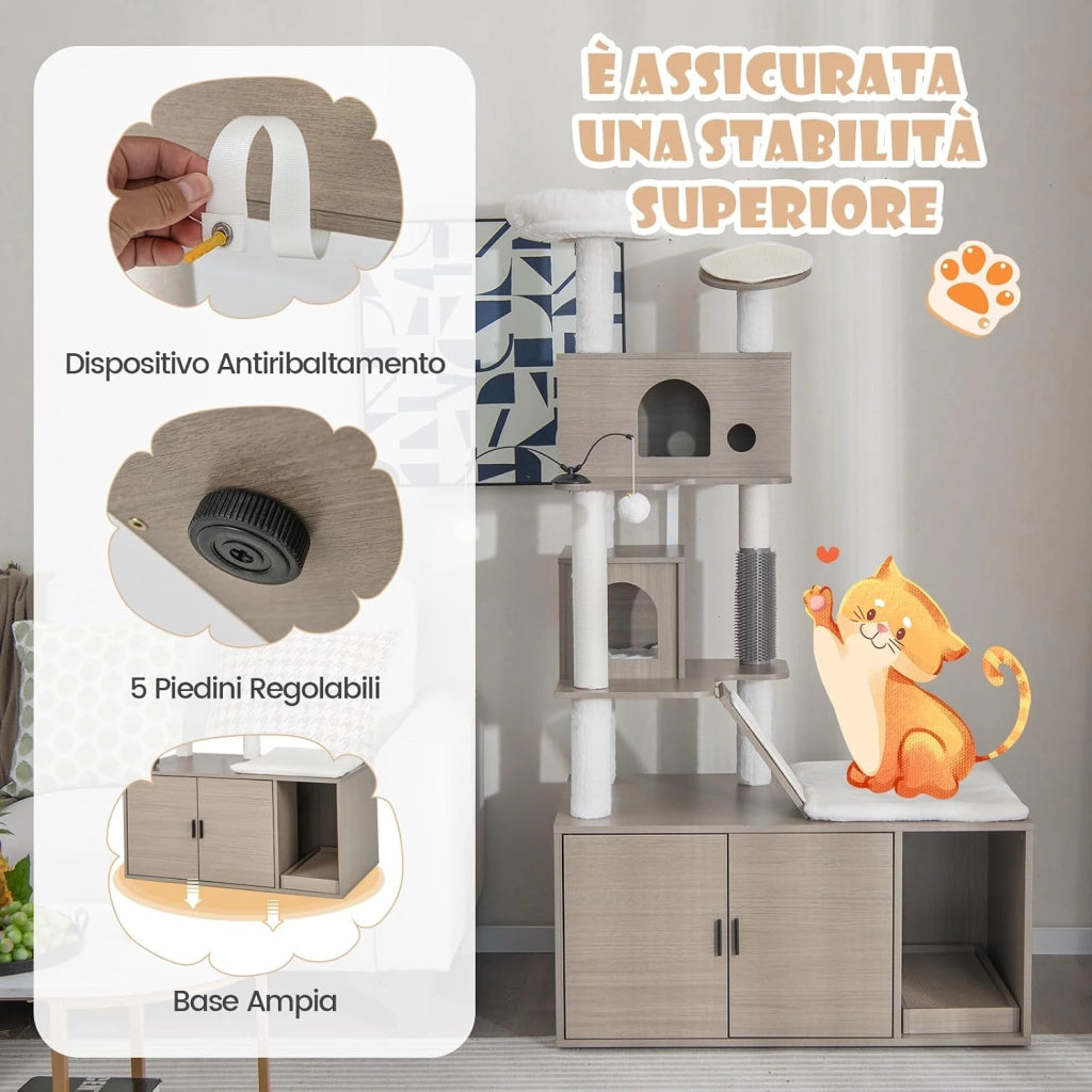 Albero per Gatti con Mobile per Lettiera, Torre per Gatti Moderna 2-in-1 con Doppie Cucce, Piattaforma Superiore, Pali in Sisal, Tiragraffi, Rampino, Piattaforma e Palline, Grigio