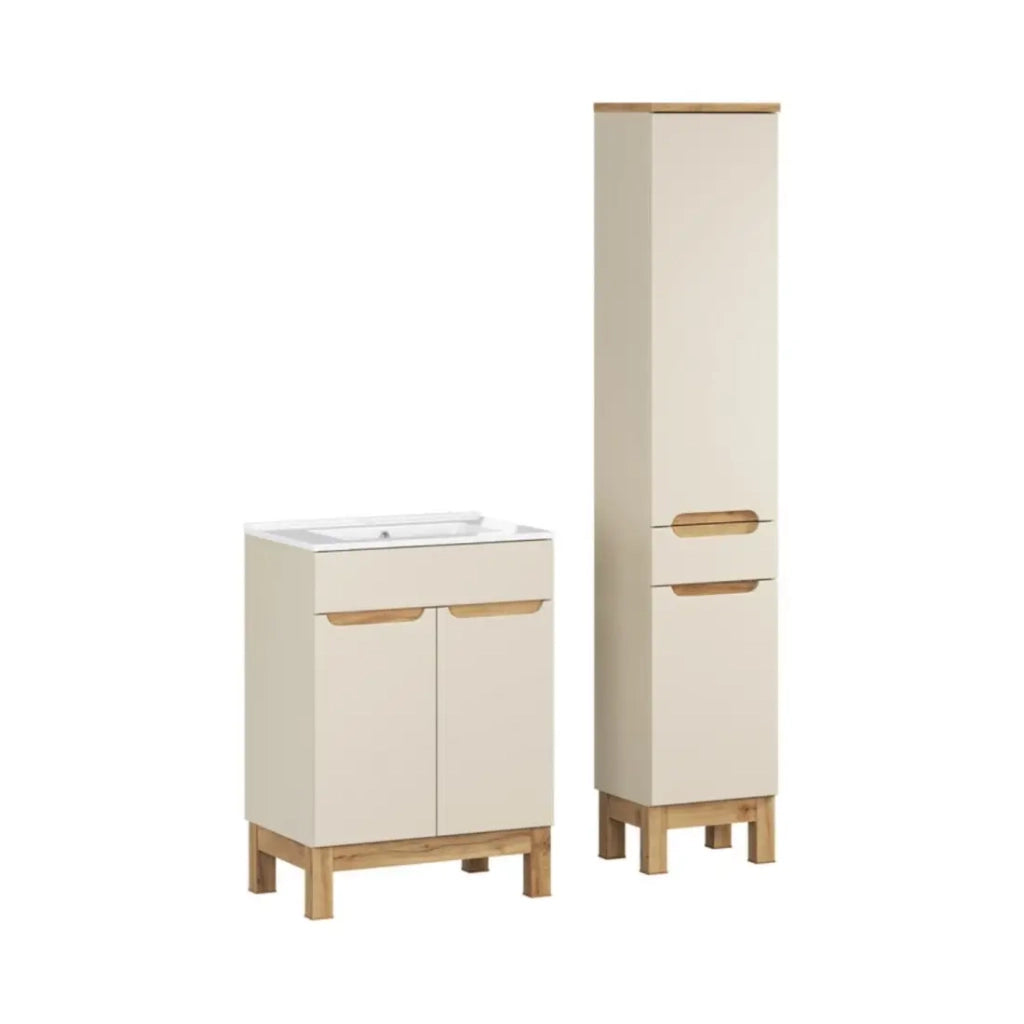 Set da bagno ERMANO effetto cachemire quercia 95cm: mobile sotto lavabo + lavabo incasso bianco + colonna
