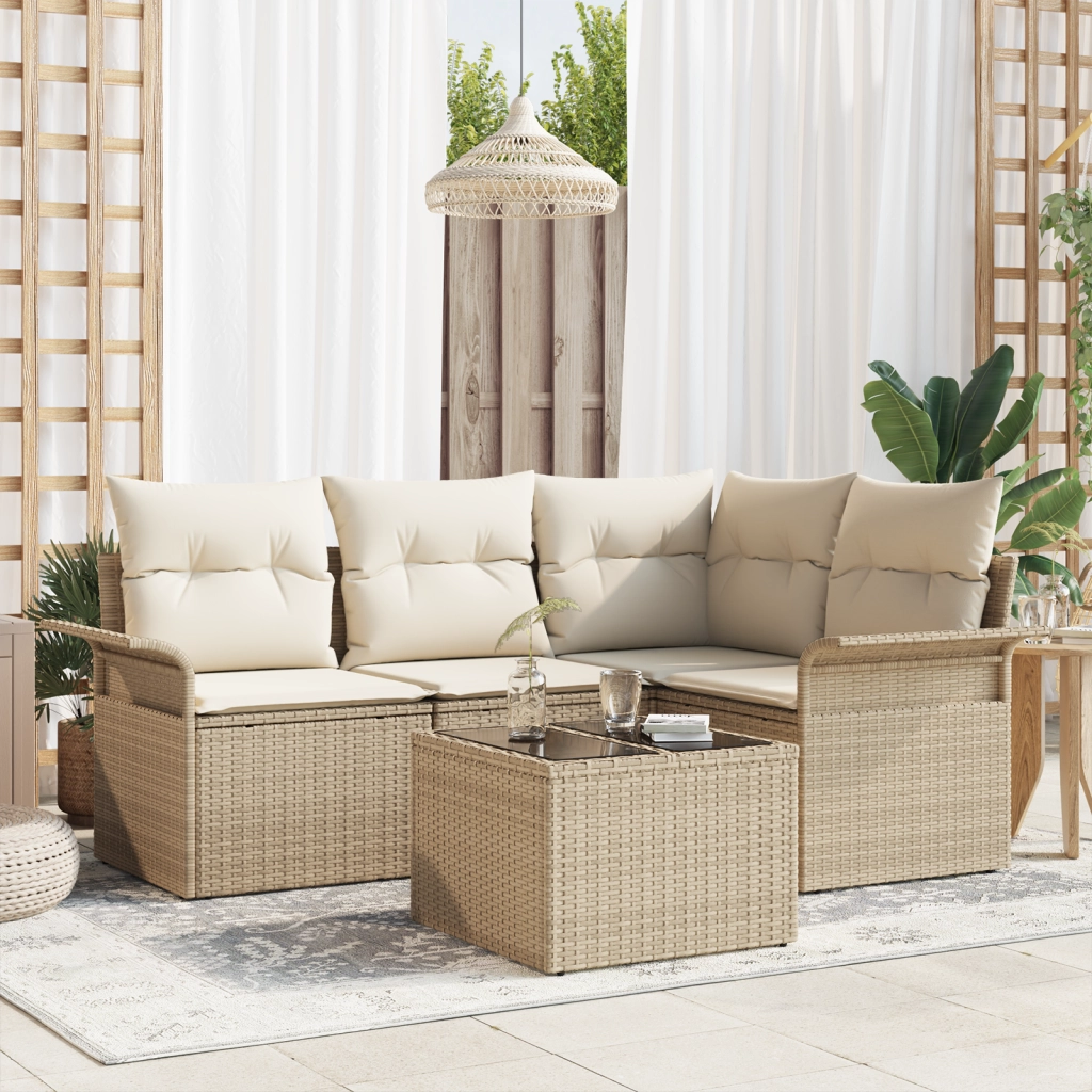 Set Divano da Giardino 5 Pezzi con Cuscini Rattan Poliestere Marrone