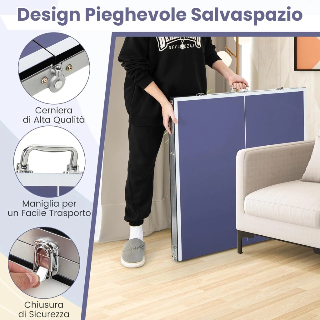 Tavolo da Ping Pong, Tavolo da Ping-Pong Pieghevole e Portatile con Rete, 2 Racchette, 3 Palline e Piedini Regolabili, Ideale per Interno ed Esterno