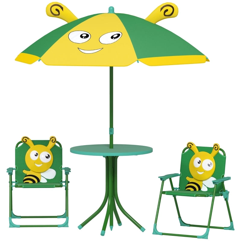 Set di mobili da giardino per bambini, composto da sedie, tavolo e ombrellone, con motivo ape, nei colori verde e giallo.