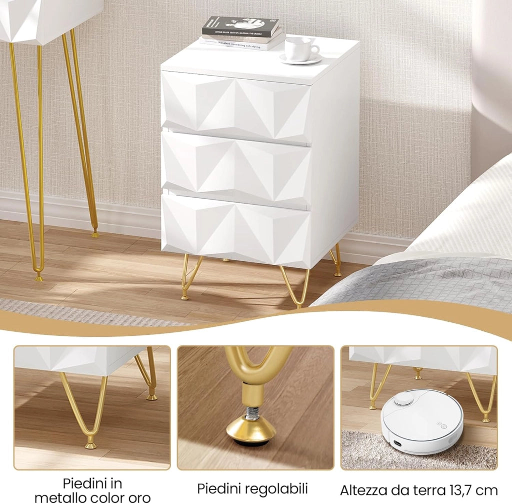 Set di 2 Comodino con 3 Cassetti, Frontale in Rilievo, Tavolino Cassettiera Moderno, 40x40x62,5 cm, Mobile da Letto per Camera da Letto, in Legno e Metallo, Bianco e Dorato, 0004CTG-2