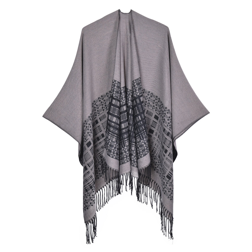 Sciarpa/mantella reversibile in cashmere a tinta unita per autunno/inverno, semplice e spessa con nappe.