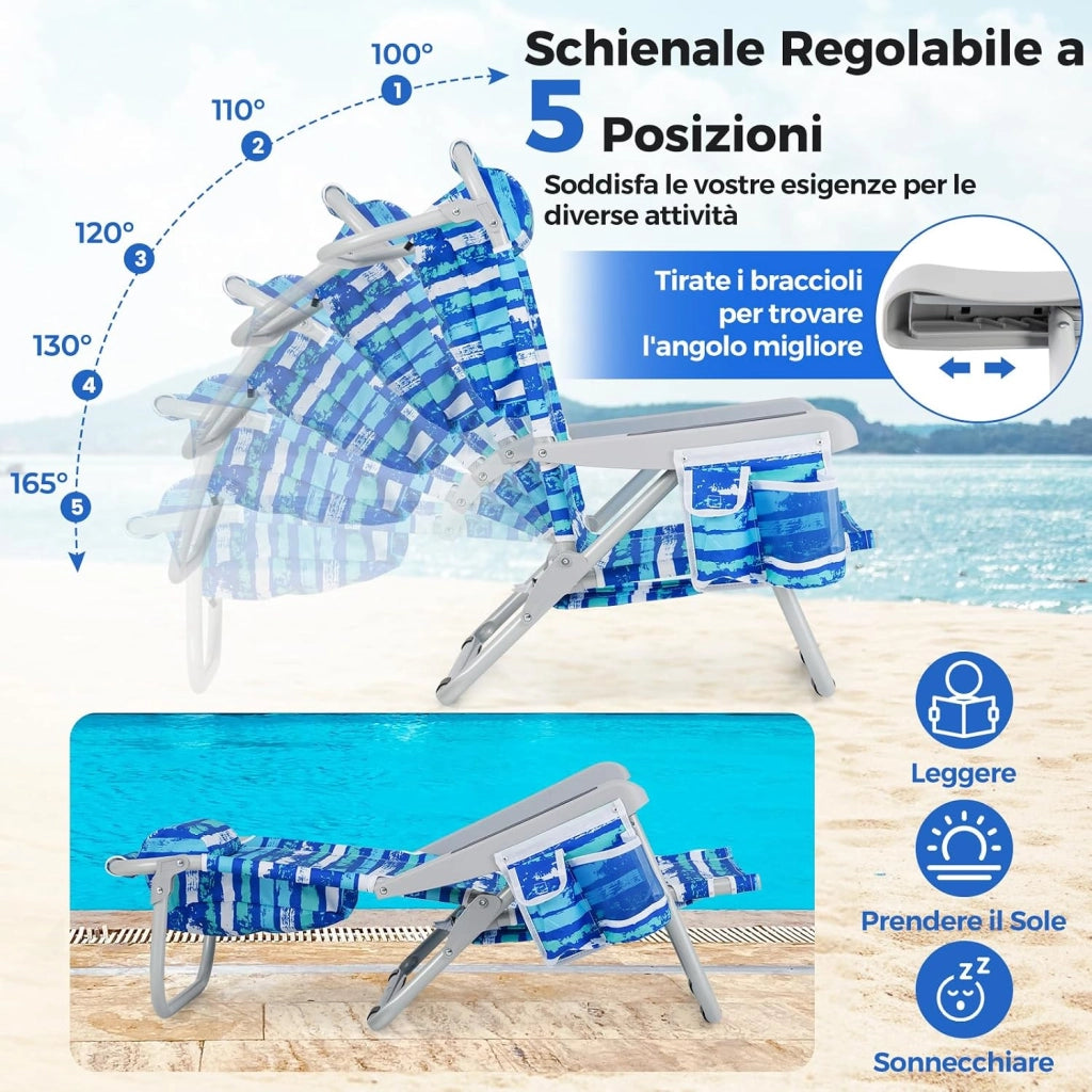 Sedia da Spiaggia, Sdraio Pieghevole a 5 Posizioni con Portabicchieri, Poltrona da Spiaggia con Cuscino per Testa e Zaino, Sedia da Campeggio Portatile, Portata 150 kg (Blu Scuro,2)