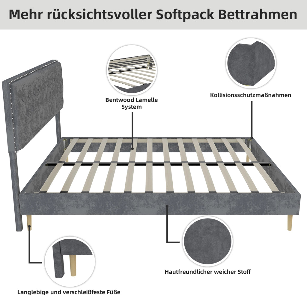 Letto Matrimoniale 160x200 cm - Spazio Sottoletto; Testiera Alta - in Tessuto - Grigio