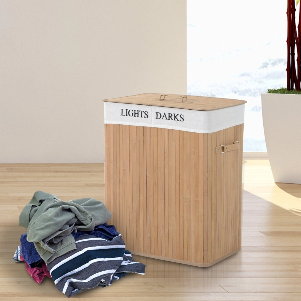 EasyComfort Cesta Portabiancheria in Bambù con Coperchio e Fodera Rimovibile, 52 x 32 x 63cm