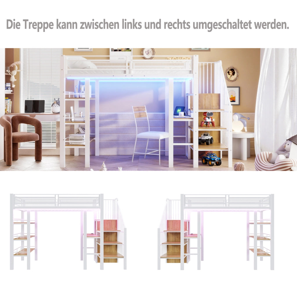 OKWISH Letto A Soppalco 90×200 cm, Letto Singolo con LED, Presa, Scrivania, Mensole e Armadio, senza Materasso, in Metallo, Bianco
