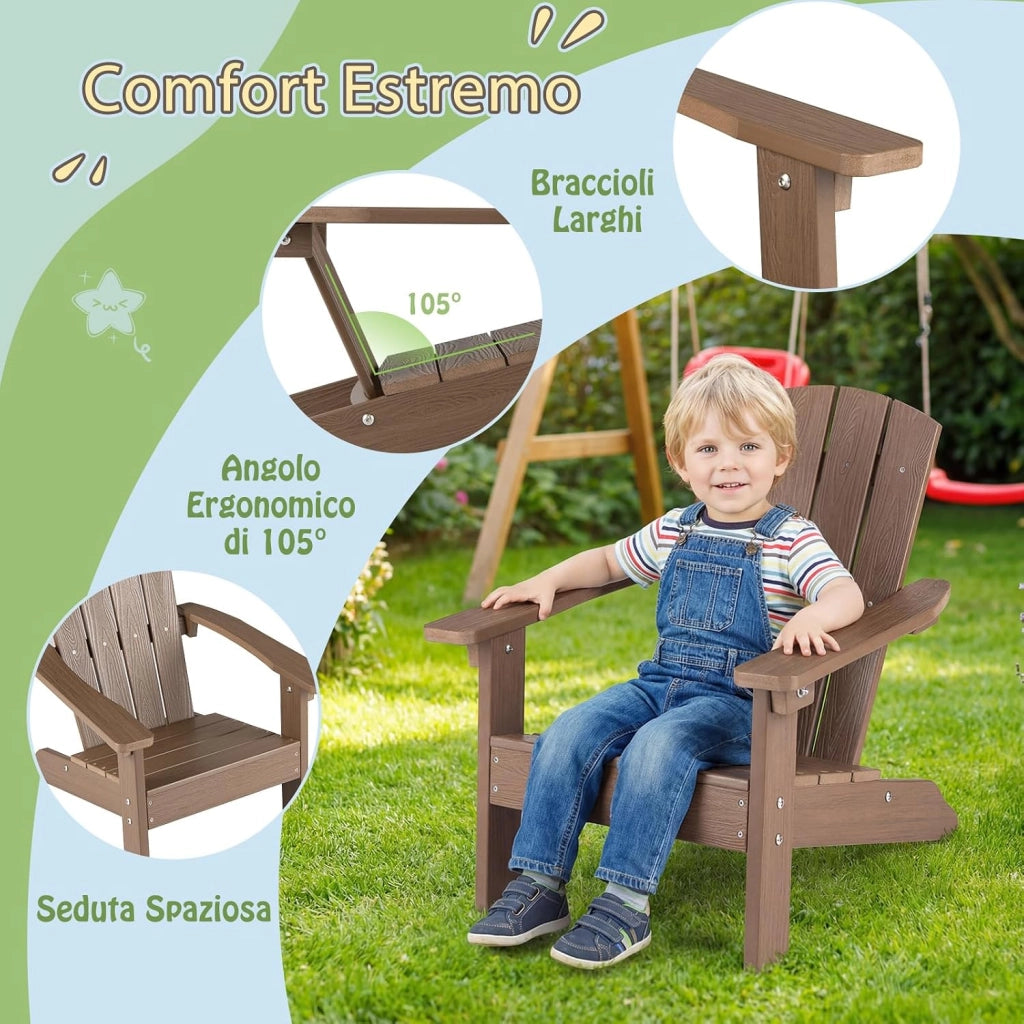 Sedia Adirondack per Bambini, Poltrona da Giardino in Plastica Resistente alle Intemperie con Schienale a Doghe Inclinato, Sedia Adirondack per Patio e Balcone, Portata 75 kg (Marrone)