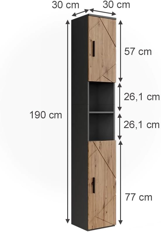 Mobile alto Irma, Antracite/Artisan, 30 x 190 cm con 2 porte, adatto per la conservazione di articoli da bagno e asciugamani