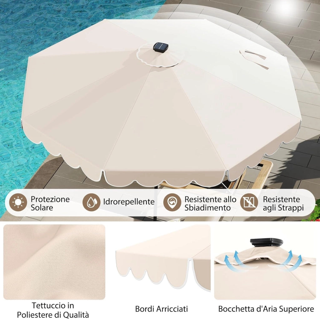 Ombrellone da Giardino 300 cm, con 24 Luci LED Solari, Inclinazione Regolabile, Manovella, 8 Stecche, Anti-UV, Top Ventilato, Idrorepellente, Giardino Piscina Patio (Beige)