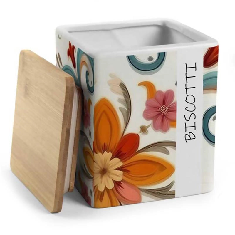 BISCOTTIERA QUADRATA "ROMANTIC" CON TAPPO IN LEGNO 13 X 15 CM