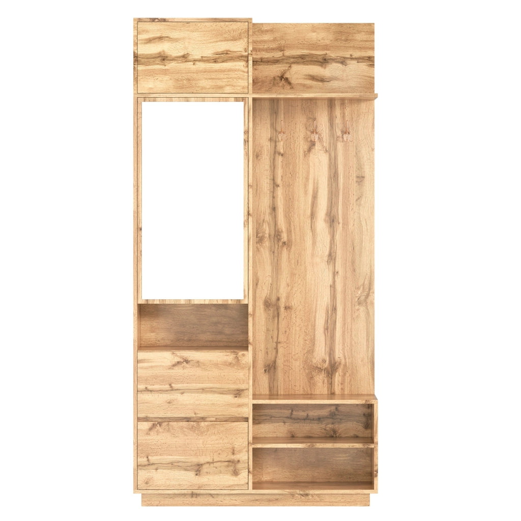 Mobile da ingresso con armadio con specchio, panca portascarpe, cassetti e ganci, in MDF naturale