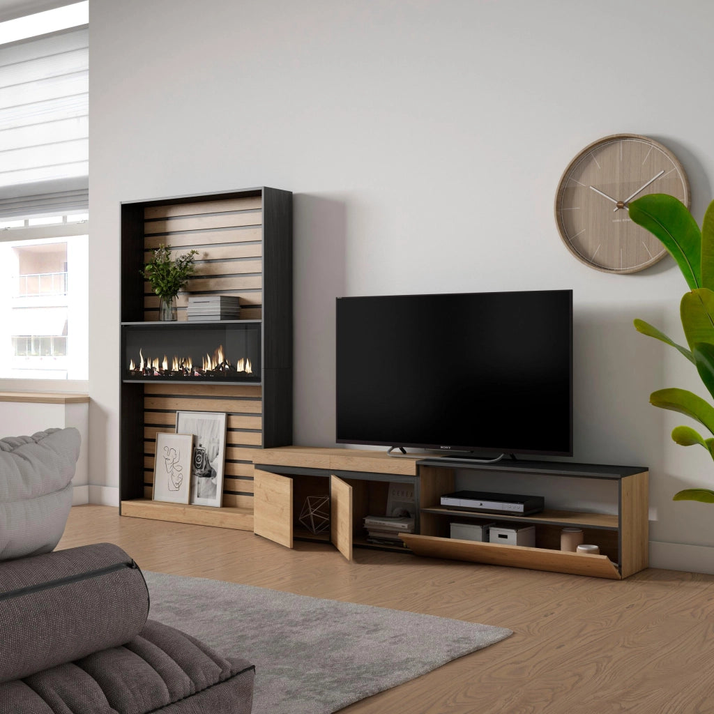 Mobile TV, Soggiorno, 310x35x186cm, Per TV fino a 80", Camino elettrico, colore Rovere e nero RF2859