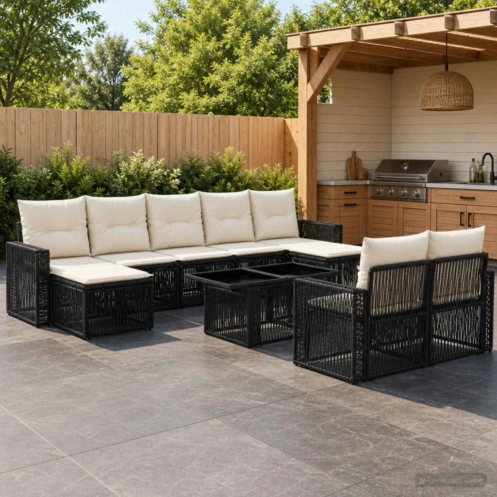 Set Divano da Giardino 10 pz Nero e Bianco Crema polyrattan 3436849