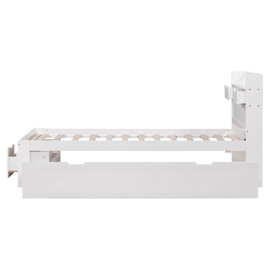 OKWISH Letto Singolo 90×200 cm con USB, Tipo C, 2 Cassetti, Armadietto Contenitore e Ripiani, senza Materasso, in Pino, Bianco