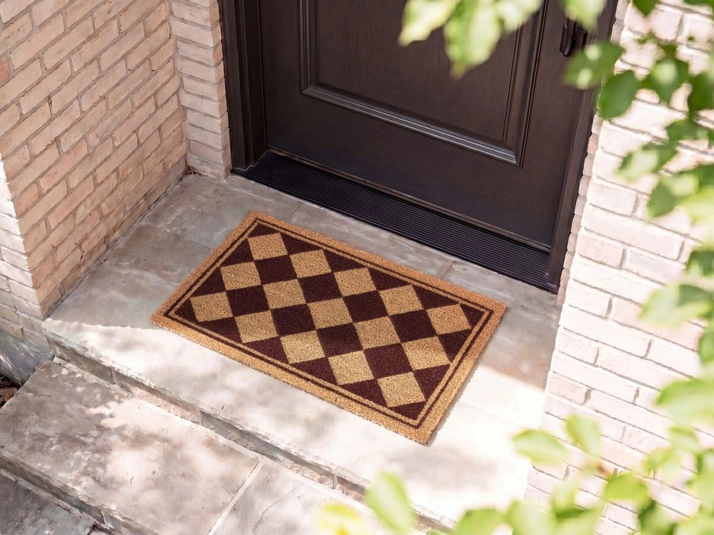 Zerbino in fibra di cocco beige e marrone con fondo antiscivolo, 40 x 60 cm. Zerbino decorativo antiscivolo con motivo a rombi